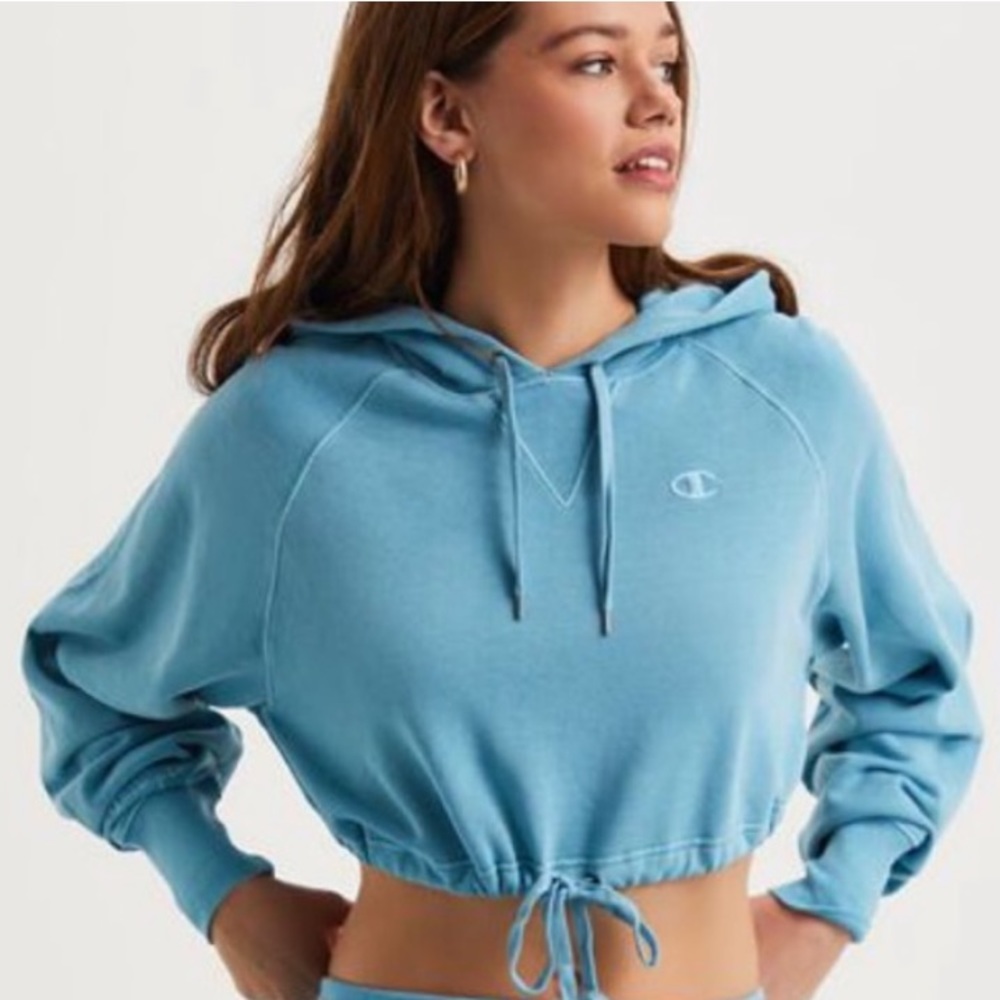 Champion Vintage Cinch Cropped Hoodie Sz Small Turquoise Blue Streetwear